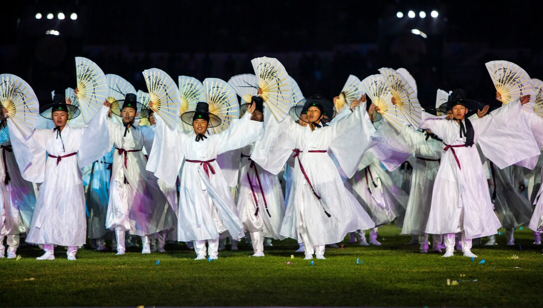 Korean traditional dancers perform at the opening ceremony of the 2015 6th Conseil International du Sport Militaire (CISM) World Games in Mungyeong, South Korea, Oct. 2, 2015. U.S. Marine Corps photo by Sgt. Ashley Cano