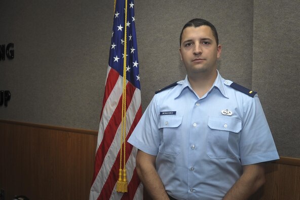 U.S. Air Force 2nd Lt. Brian Benavidez poses for a photo in Brandenburg Hall on Goodfellow Air Force Base, Texas, Oct. 2, 2015. Benavidez is the Student of the Month spotlight. (U.S. Air Force photo by Airman Chase Sousa/Released)