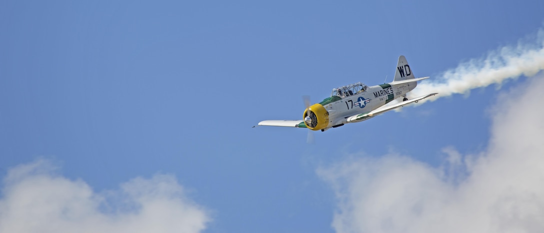 The North American AT-6 Texan “Wardog” performs for crowds aboard Marine Corps Air Station Miramar, Calif., Oct. 2. The Wardog was one of the performers for the 2015 MCAS Miramar Air Show. (U.S. Marine Corps photo by Sgt. Uriel Avendano/Released)