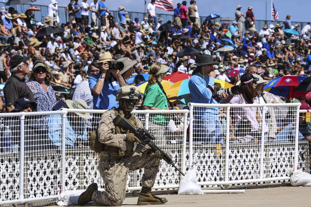 Marines conducted a Marine Air-Ground Task Force demonstration during the 2015 MCAS Miramar Air Show aboard Marine Corps Air Station Miramar, Calif., Oct. 2. This year's air show theme honored veterans and their families. (U.S. Marine Corps photo by Cpl. Alissa P. Schuning/Released)