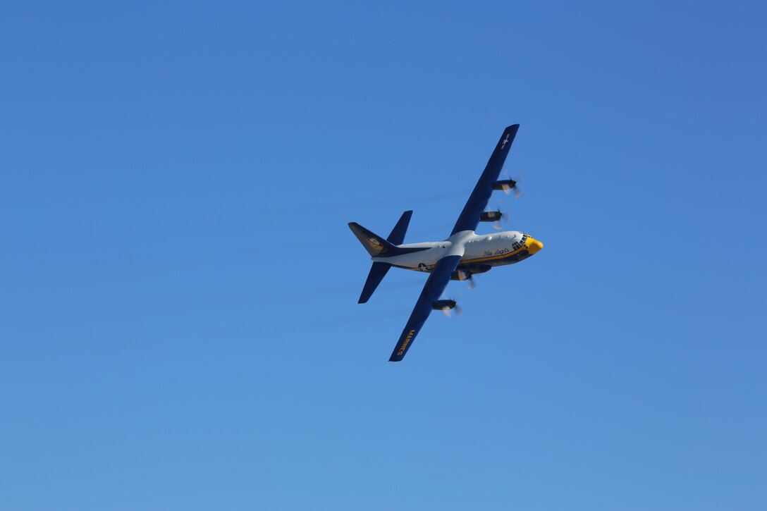 Fat Albert, a C-130T Hercules with the U.S. Navy Blue Angels, performs during the 2015 MCAS Miramar Air Show aboard Marine Corps Air Station Miramar, Calif., Oct. 2. The aircraft transports the Blue Angels’ crew before their jets take to the air. (U.S. Marine Corps photo by Cpl. Alissa P. Schuning/Released)