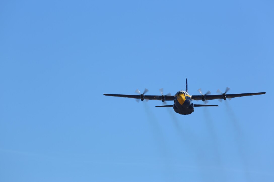 Fat Albert, a C-130T Hercules with the U.S. Navy Blue Angels, performs during the 2015 MCAS Miramar Air Show aboard Marine Corps Air Station Miramar, Calif., Oct. 2. The aircraft transports the Blue Angels’ crew before their jets take to the air. (U.S. Marine Corps photo by Cpl. Alissa P. Schuning/Released)