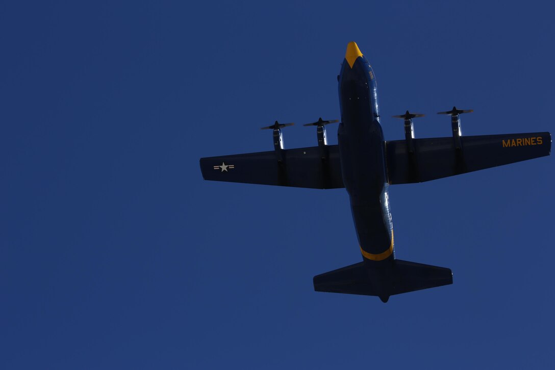 Fat Albert, a C-130T Hercules with the U.S. Navy Blue Angels, performs during the 2015 MCAS Miramar Air Show aboard Marine Corps Air Station Miramar, Calif., Oct. 2. The aircraft transports the Blue Angels’ crew before their jets take to the air. (U.S. Marine Corps photo by Cpl. Alissa P. Schuning/Released)