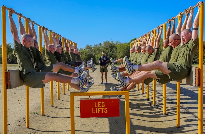 Recruits of Mike Company, 3rd Recruit training Battalion, conduct leg lifts during the Circuit Course at Marine Corps Recruit Depot San Diego, Sept. 29. Recruits were instructed to push themselves and test their limits so they got the most out of the workout. Today, all males west of the Mississippi are trained at MCRD San Diego. The depot is responsible for training more than 16,000 recruits annually. Mike Company is scheduled to graduate Dec. 11.
