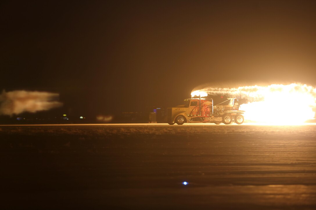 The jet-propelled Shockwave Jet Truck lights up the flight line during the 2015 MCAS Miramar Air Show aboard Marine Corps Air Station Miramar, Calif., Oct. 3. Shockwave holds the world record for the fastest jet-powered full-sized truck. (U.S. Marine Corps photo by Sgt. Melissa Wenger/Released)