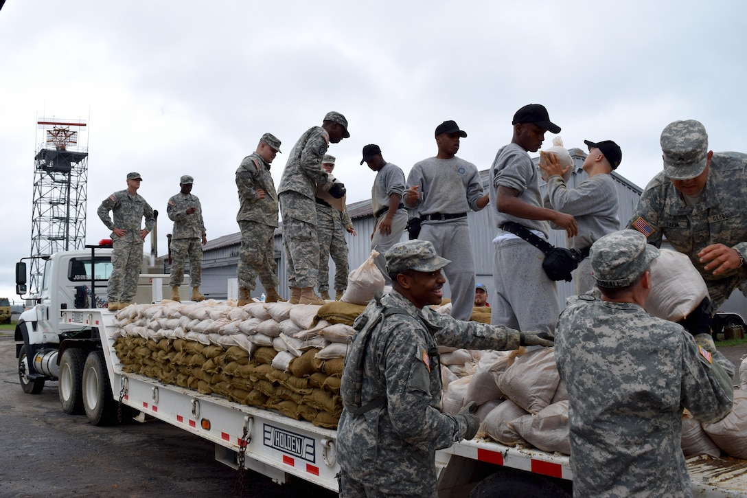 Georgia Army National Guardsmen fill sandbags in anticipation of possible flooding in Augusta, Georgia, Oct. 4, 2015. Georgia Army National Guard photo by Capt. William Carraway