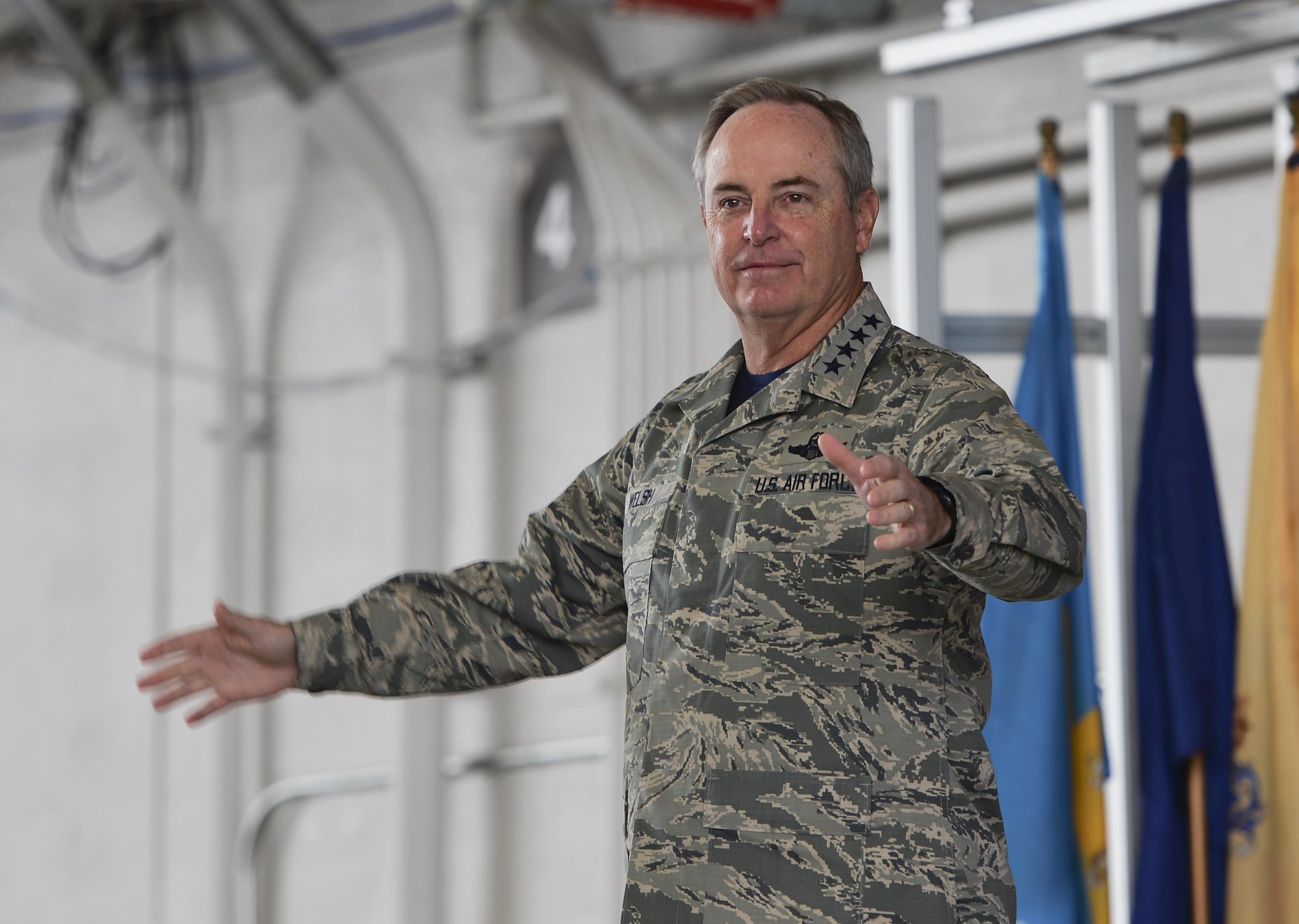 Air Force Chief of Staff Gen. Mark A. Welsh III speaks during an all call at Eglin Air Force Base, Fla., Oct. 2, 2015. Welsh and Chief Master Sgt. of the Air Force James Cody visited Eglin and Hurlburt Field to engage with Airmen. (U.S. Air Force Photo/Senior Airman Andrea Posey)