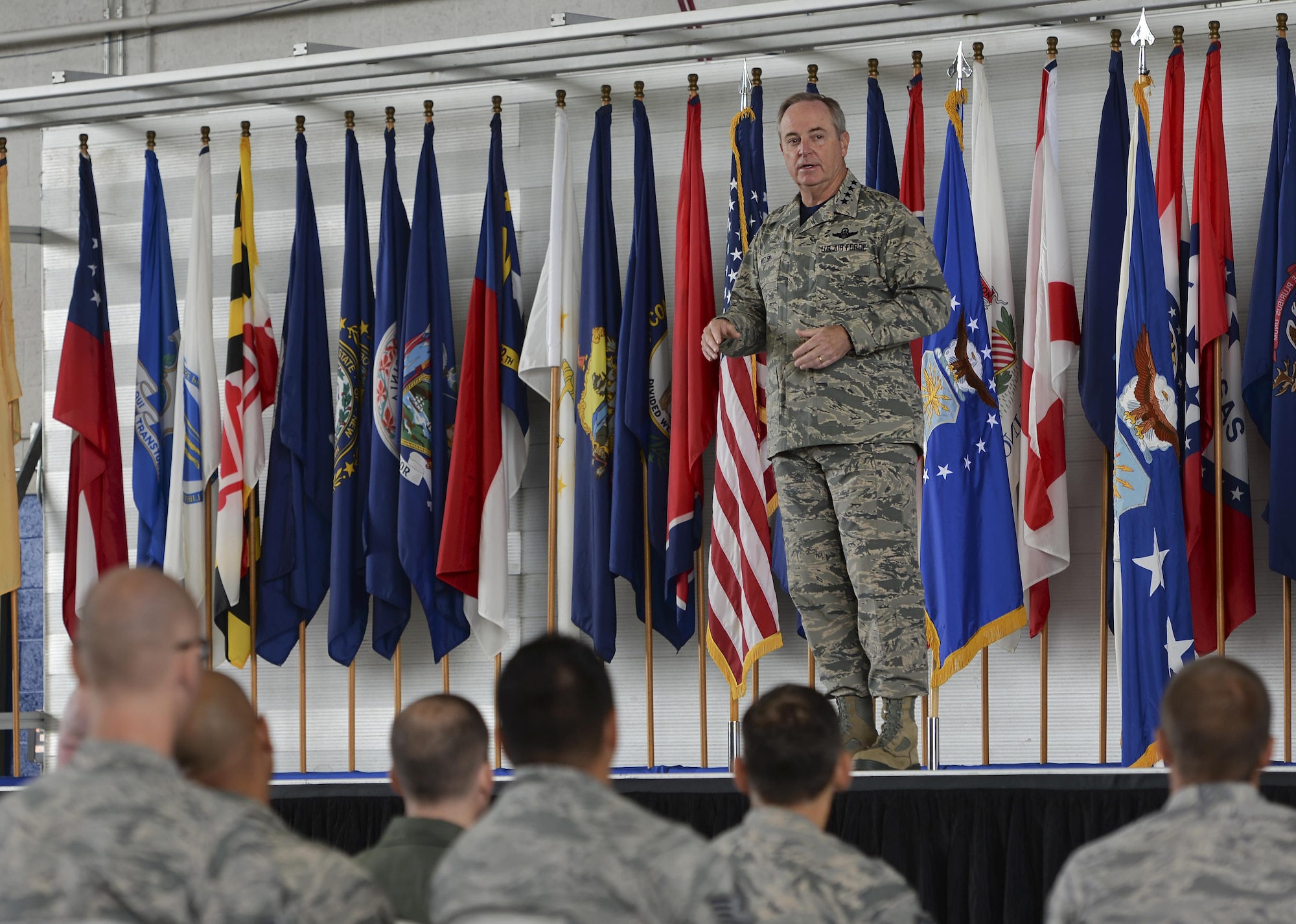 Air Force Chief of Staff Gen. Mark A. Welsh III speaks during an all call at Eglin Air Force Base, Fla., Oct. 2, 2015. Welsh and Chief Master Sgt. of the Air Force James Cody discussed current events affecting today's Airmen such as the new enlisted evaluation system and possible changes to the retirement program. (U.S. Air Force Photo/Senior Airman Andrea Posey)