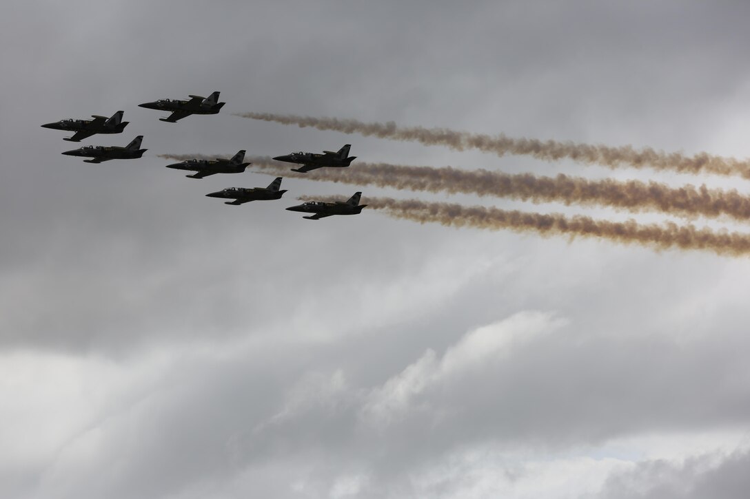The Breitling Jet Team performs during the 2015 MCAS Miramar Air Show aboard Marine Corps Air Station Miramar, Calif., Oct. 4. This was the team’s first performance in MCAS Miramar’s annual air show. (U.S. Marine Corps photo by Lance Cpl. Kimberlyn Adams/Released)