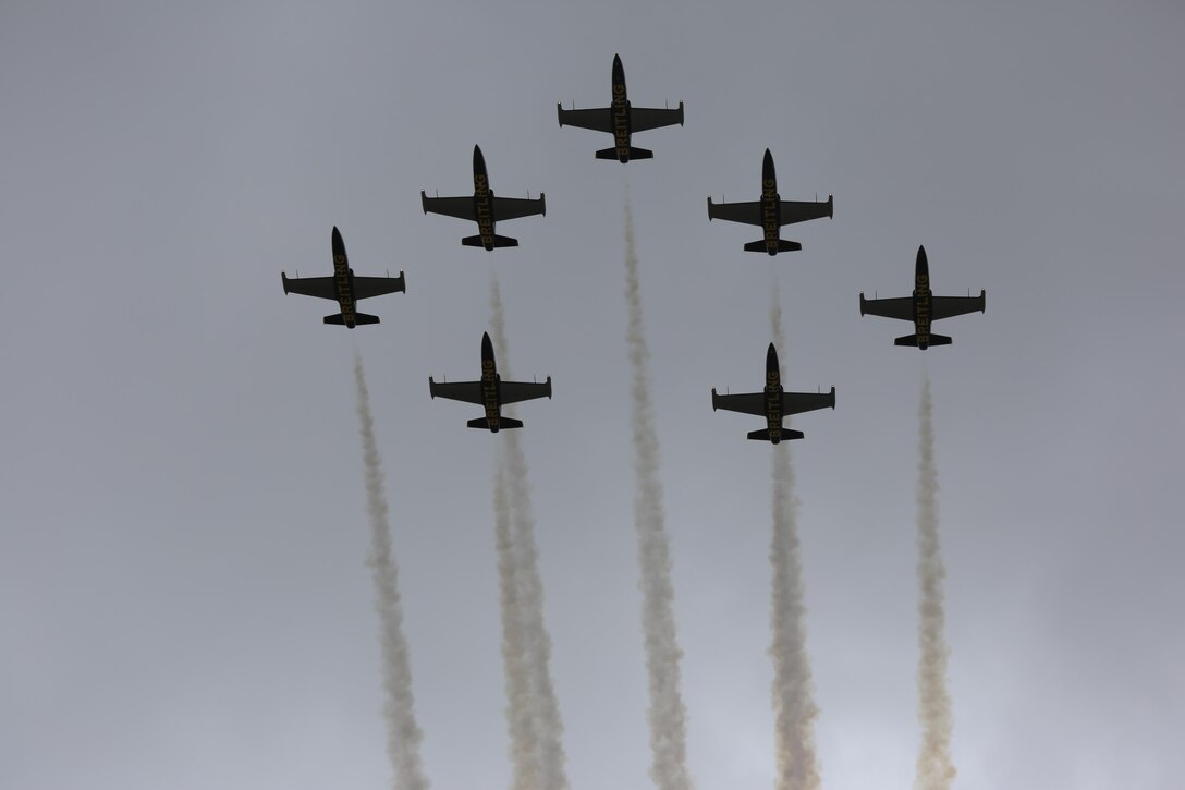 The Breitling Jet Team performs during the 2015 MCAS Miramar Air Show aboard Marine Corps Air Station Miramar, Calif., Oct. 4. This was the team’s first performance in MCAS Miramar’s annual air show. (U.S. Marine Corps photo by Lance Cpl. Kimberlyn Adams/Released)