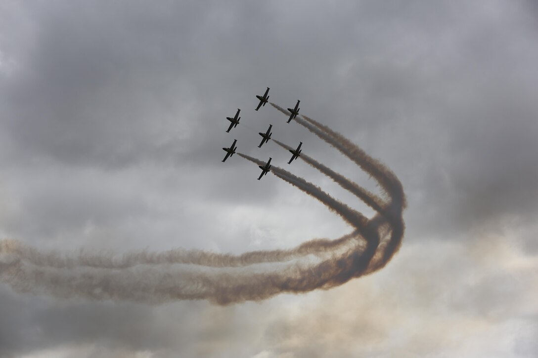The Breitling Jet Team performs during the 2015 MCAS Miramar Air Show aboard Marine Corps Air Station Miramar, Calif., Oct. 4. This was the team’s first performance in MCAS Miramar’s annual air show. (U.S. Marine Corps photo by Lance Cpl. Kimberlyn Adams/Released)