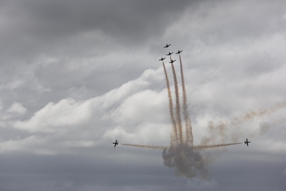 The Breitling Jet Team performs during the 2015 MCAS Miramar Air Show aboard Marine Corps Air Station Miramar, Calif., Oct. 4. This was the team’s first performance in MCAS Miramar’s annual air show. (U.S. Marine Corps photo by Lance Cpl. Kimberlyn Adams/Released)