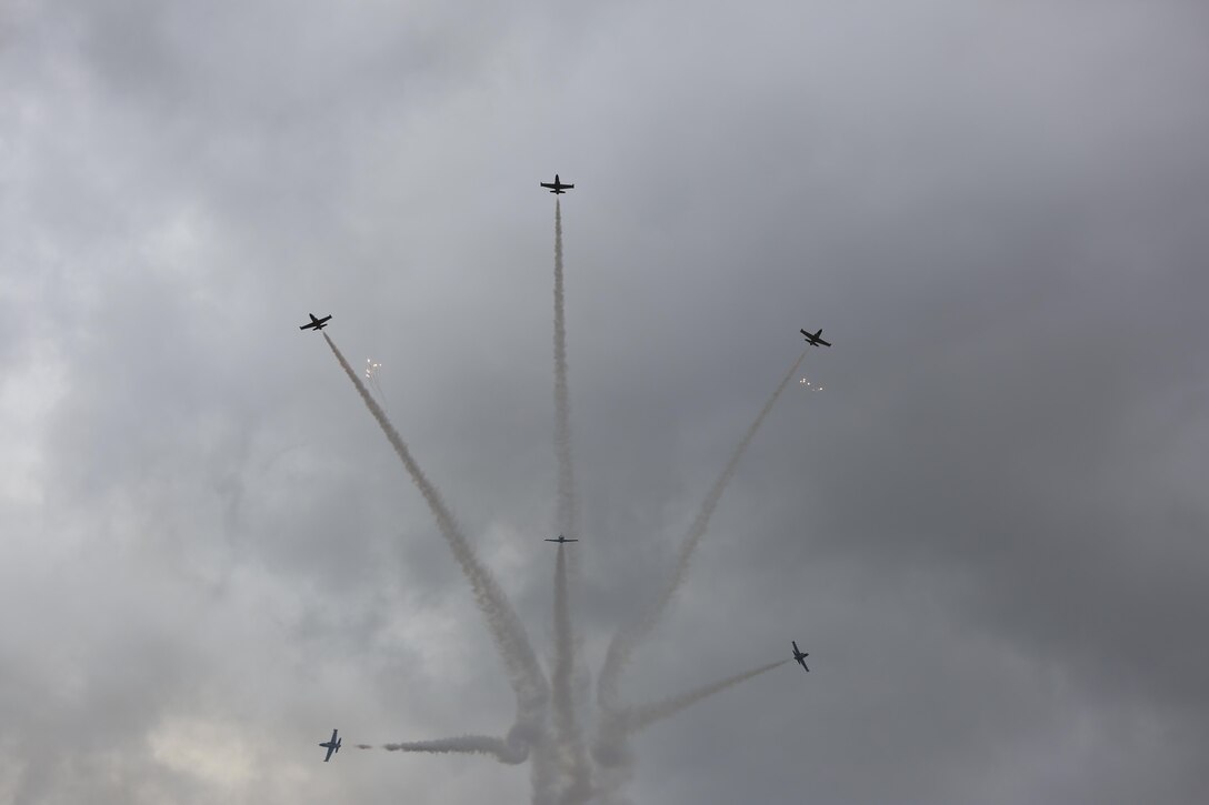 The Breitling Jet Team performs during the 2015 MCAS Miramar Air Show aboard Marine Corps Air Station Miramar, Calif., Oct. 4. This was the team’s first performance in MCAS Miramar’s annual air show. (U.S. Marine Corps photo by Lance Cpl. Kimberlyn Adams/Released)