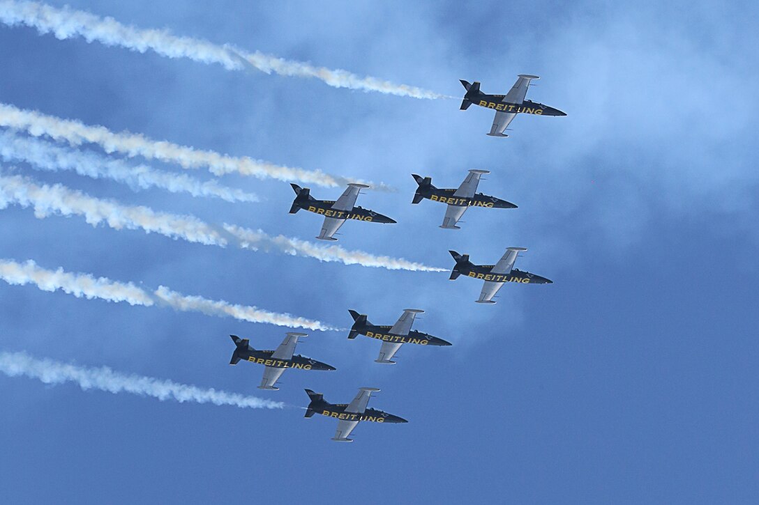 The Breitling Jet Team performs during the 2015 MCAS Miramar Air Show aboard Marine Corps Air Station Miramar, Calif., Oct. 2. This was the team’s first performance in MCAS Miramar’s annual air show. (U.S. Marine Corps photo by Cpl. Asia J. Sorenson/Released)
