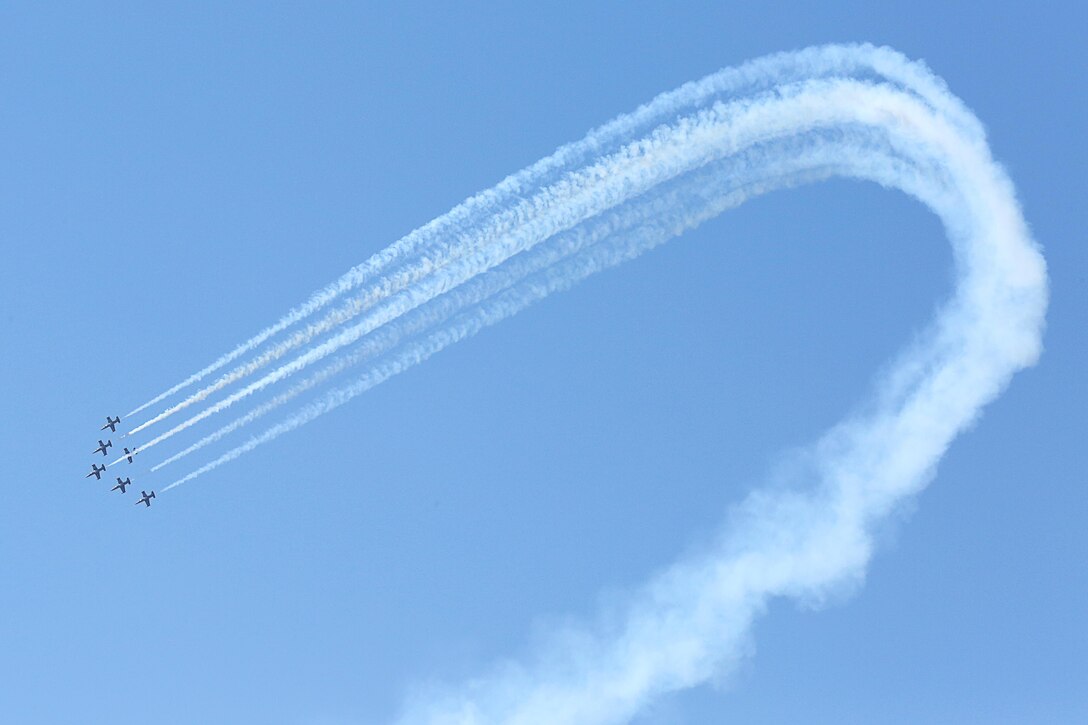 The Breitling Jet Team performs during the 2015 MCAS Miramar Air Show aboard Marine Corps Air Station Miramar, Calif., Oct. 2. This was the team’s first performance in MCAS Miramar’s annual air show. (U.S. Marine Corps photo by Cpl. Asia J. Sorenson/Released)