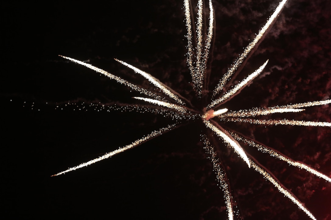 Fireworks explode, lighting up the sky over the flight line as part of the Twilight Show during the 2015 MCAS Miramar Air Show aboard Marine Corps Air Show Miramar, Calif., Oct. 3. The Twilight show is only performed one night during the three-day air show. (U.S. Marine Corps photo by Lance Cpl. Kimberlyn Adams/Released)