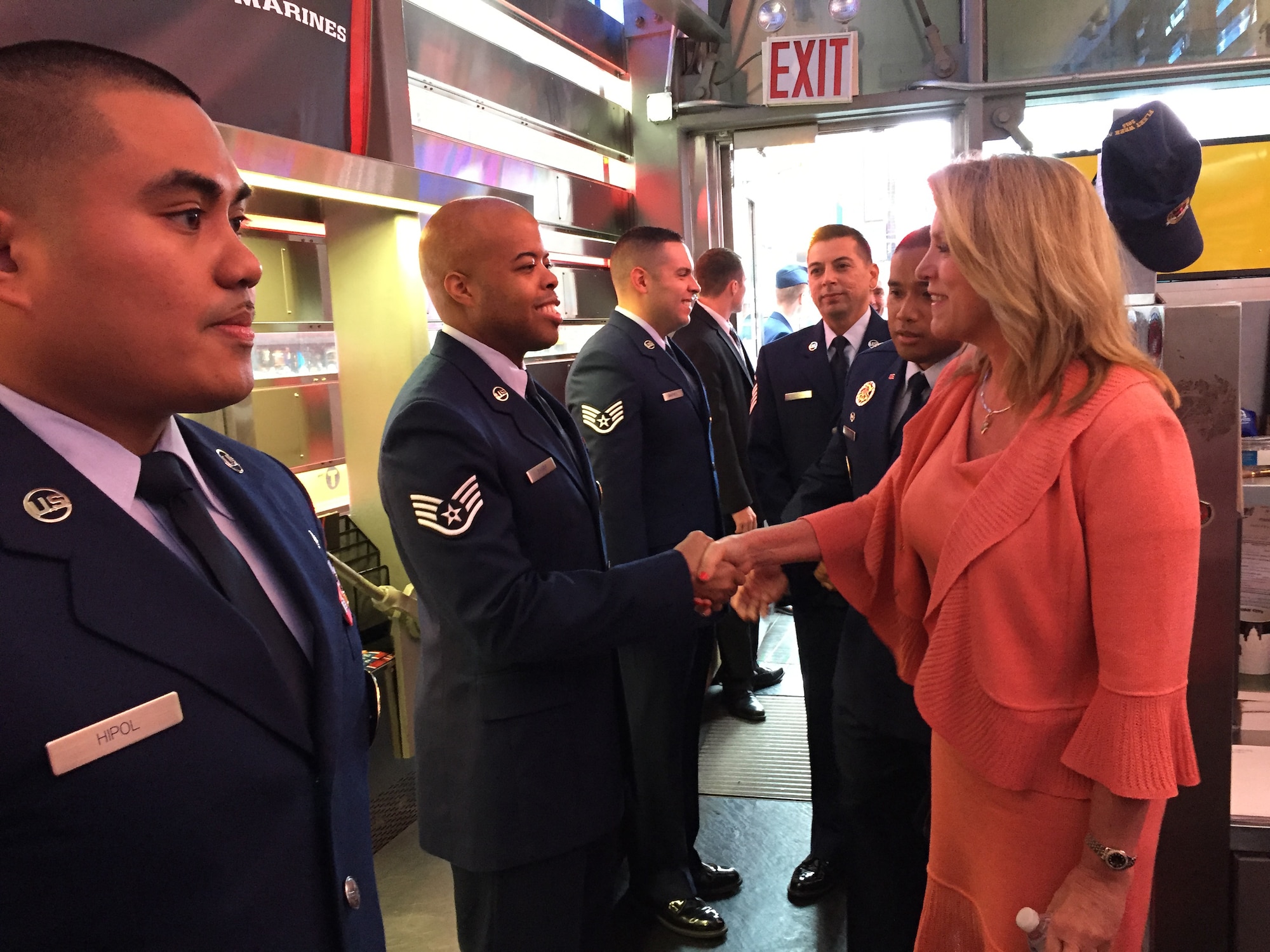 Secretary of the Air Force Deborah Lee James greets recruiters from the 313th Recruiting Squadron at the Times Square office in New York City Sept. 30. From left are Staff Sgt. Allan R. Hipol, Staff Sgt. Lamar J. Valentina, Staff Sgt. Marco S. Smerkol and Master Sgt. Omar Becerra. (U.S. Air Force photo/Master Sgt. Jennifer Lindsey)