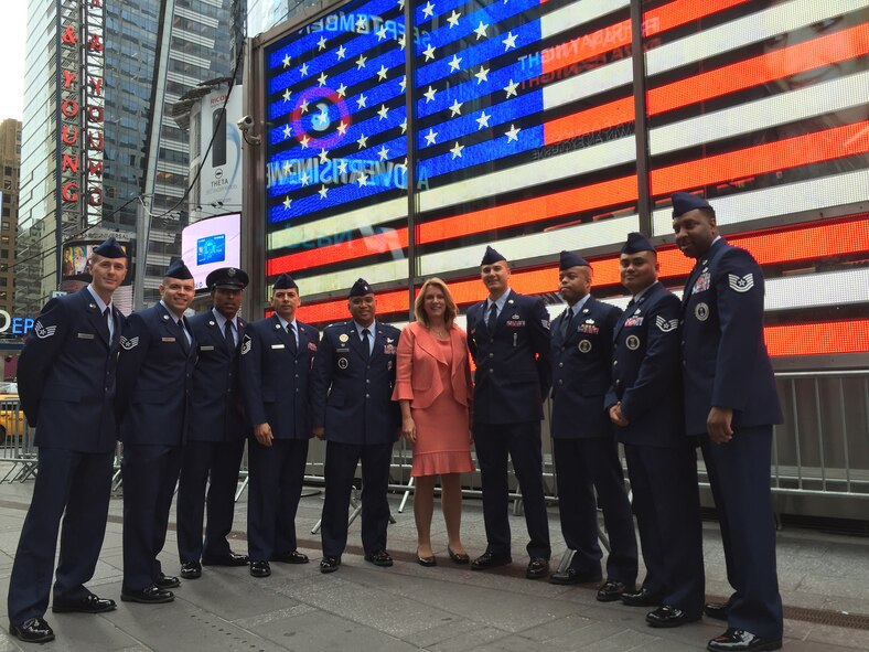 Secretary of the Air Force Deborah Lee James visits with recruiters from the 313th Recruiting Squadron at the Times Square office in New York City Sept. 30, 2015. She posted several photos of her visit on her Facebook page, and wrote: “I had a wonderful discussion with these great Air Force recruiters from around NYC this afternoon at the Air Force Recruiting Station in Times Square. Getting to hear their thoughts and ask questions provided great insight for me. Thanks for all you do!” From left are Staff Sgt. Mark Tonkinson Jr., Staff Sgt. Marco S. Smerkol, Staff Sgt. Lamar J. Valentina, Master Sgt. Omar Becerra, Lt. Col. Ray J. Fernandez, James, Staff Sgt. Roberto Garcia, Staff Sgt. Roderick A. Sharp, Staff Sgt. Allan R. Hipol and Tech. Sgt. Olen E. Gillespie lll. (U.S. Air Force photo/Master Sgt. Jennifer Lindsey)