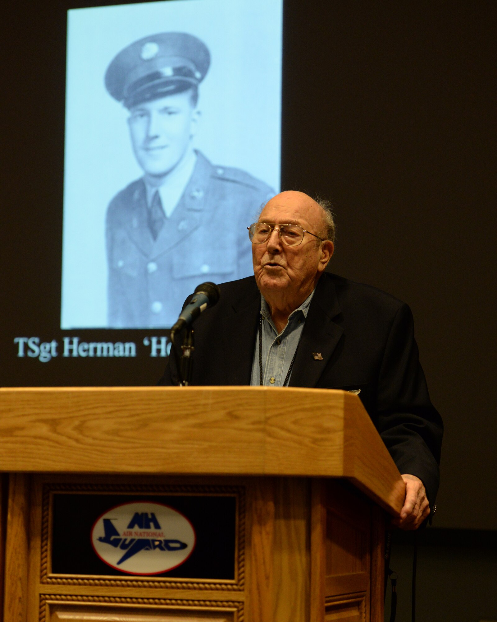 Former U.S. Army Air Corps Tech. Sgt. Herman ‘Herk’ Streitburger speaks to members of the 157th Air Refueling Wing, Pease Air National Guard Base, New Hampshire, Oct. 3, 2015 about his experience as a prisoner of war during World War II. (U.S. Air National Guard photo by Staff Sgt. Curtis J. Lenz)  