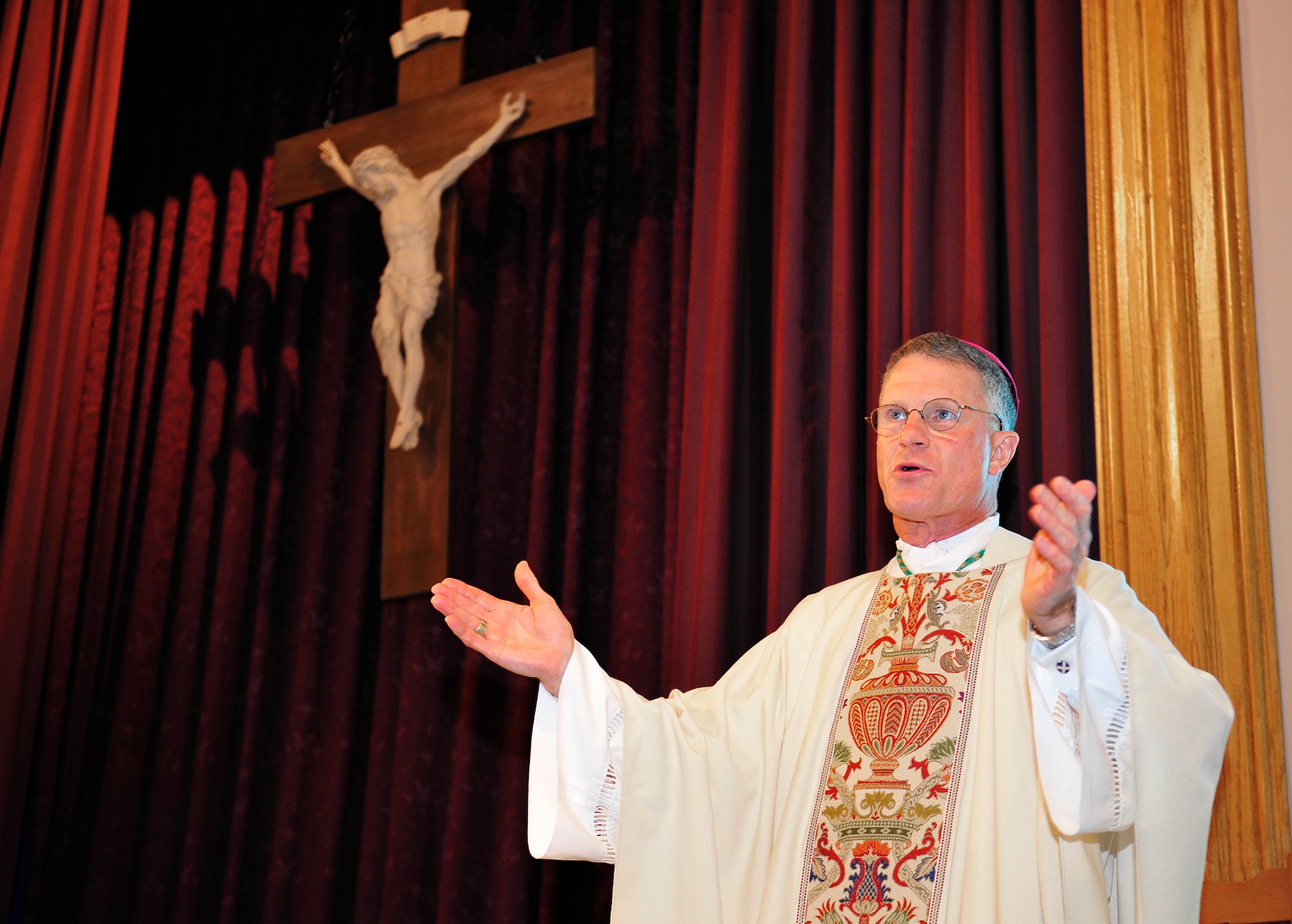 Archbishop of the Military Services,Timothy Broglio, gives a mass at the East Gate Chapel Sept. 30 at Eglin Air Force Base, Fla. Archbishop Broglio is the spiritual leader for the U. S. Armed Forces and visited Eglin as part of his pastoral duties. (U.S. Air Force photo/Ilka Cole) 