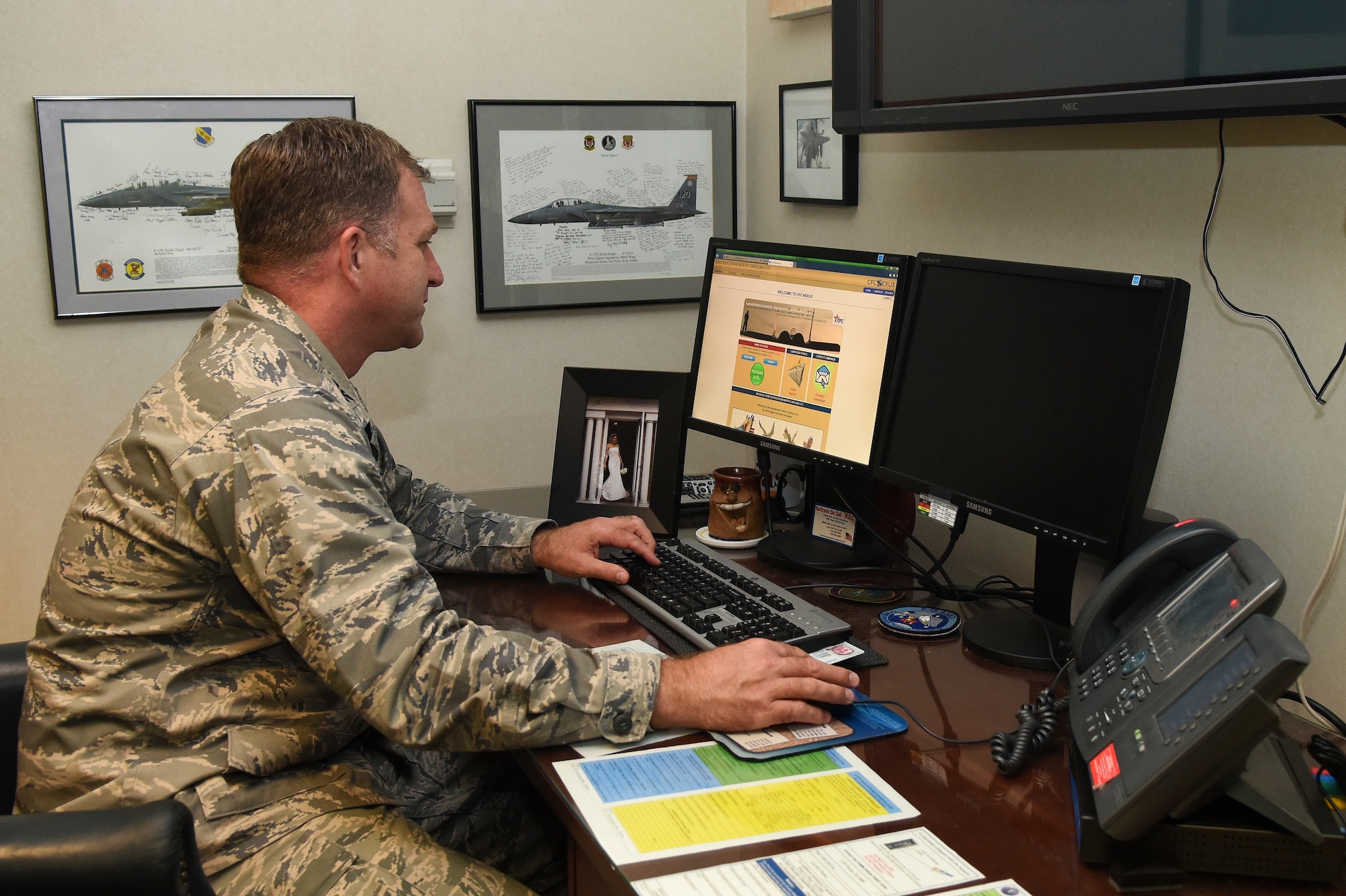 Col. Mark Slocum, 4th Fighter Wing commander, checks out the Combined Federal Campaign pledge website Oct. 2, 2015, at Seymour Johnson Air Force Base, North Carolina. This year, members wishing to donate money can do so electronically or with the traditional paper forms. (U.S. Air Force photo/Senior Airman Aaron J. Jenne)