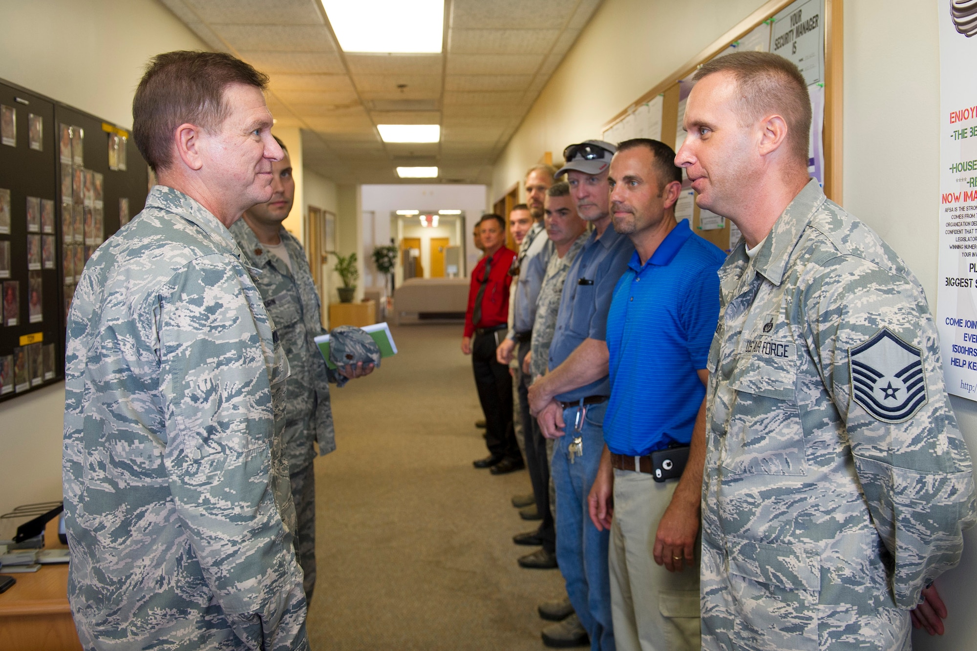 Brig. Gen. Wayne Monteith, 45th Space Wing commander, visited and met with several members of the 45th Mission Support Group at Patrick Air Force Base, Fla., Sept. 30, 2015, as part of his immersion here. The wing commander was introduced to the facilities used in daily operations. (U.S. Air Force photo/Matthew Jurgens/Released)