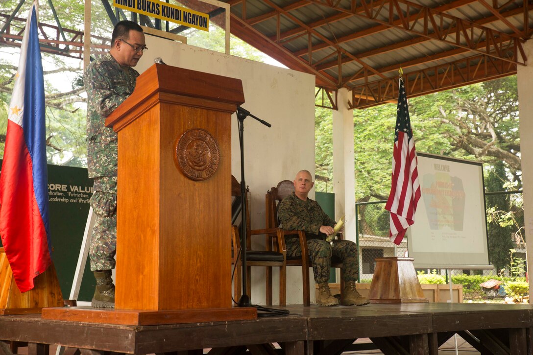 Philippine Marine Corps Col. Fernando Gomez, deputy commander of Philippine Marine Corps 2d Marine Brigade, gives a speech at the Command Post Exercise opening ceremony, Oct. 1, at Naval Forces Northwest during Amphibious Landing Exercise 2015. PHIBLEX 15 is an annual, bilateral training exercise conducted by members of the Armed Forces of the Philippines alongside U.S. Marine and Navy Forces. It focuses on strengthening the partnership and relationships between the two nations across a wide range of military operations, including disaster relief and complex expeditionary operations.