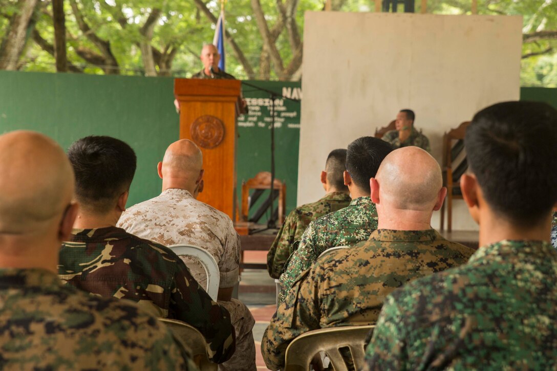 Armed Forces of the Philippines, Japanese Ground Self-Defense Force, U.S. Marines and U.S. Navy service members come together for the Command Post Exercise opening ceremony, Oct. 1, at Naval Forces Northwest during Amphibious Landing Exercise 2015. PHIBLEX 15 is an annual, bilateral training exercise conducted by members of the Armed Forces of the Philippines alongside U.S. Marine and Navy Forces. It focuses on strengthening the partnership and relationships between the two nations across a wide range of military operations, including disaster relief and complex expeditionary operations.