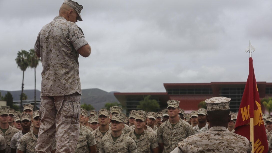 The 37th Commandant of the Marine Corps, Gen. Robert Neller, speaks to Marines of the I Marine Expeditionary Force about the future of their Corps during his visit to Marine Corps Base Camp Pendleton, California, Oct. 5, 2015. Gen. Neller spoke about future equipment that will be used by the Marine Corps, discussed the importance of being a strong leader and answered any question the Marines had. 