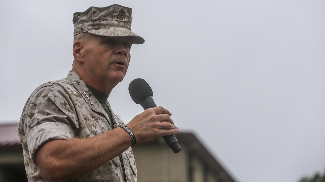 The 37th Commandant of the Marine Corps, Gen. Robert Neller, speaks to Marines of the I Marine Expeditionary Force about the future of their Corps during his visit to Marine Corps Base Camp Pendleton, California, Oct. 5, 2015. Gen. Neller spoke about future equipment that will be used by the Marine Corps, discussed the importance of being a strong leader and answered any question the Marines had. 