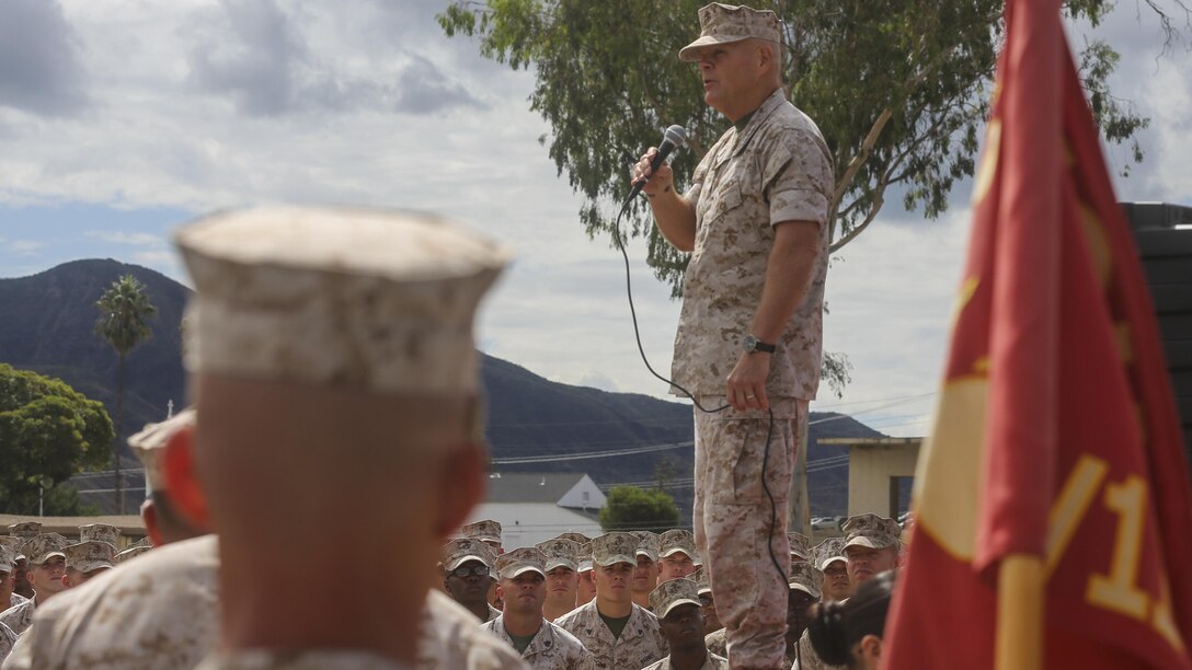 The 37th Commandant of the Marine Corps, Gen. Robert Neller, speaks to Marines of the I Marine Expeditionary Force about the future of their Corps during his visit to Marine Corps Base Camp Pendleton, California, Oct. 5, 2015. Gen. Neller spoke about future equipment that will be used by the Marine Corps, discussed the importance of being a strong leader and answered any question the Marines had. 