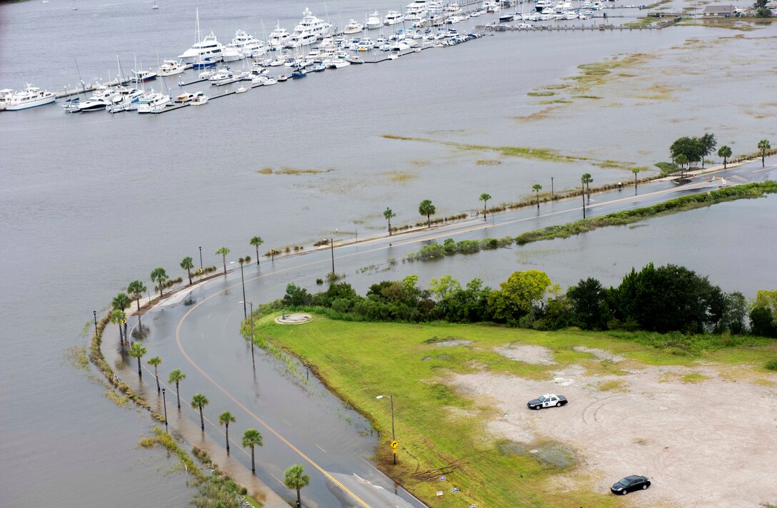 An aerial view taken from a Coast Guard helicopter showing the continuing effects of flooding caused by Hurricane Joaquin in areas surrounding Charleston, S.C., Oct. 5, 2015. U.S. Coast Guard photo by Petty Officer 1st Class Stephen Lehmann