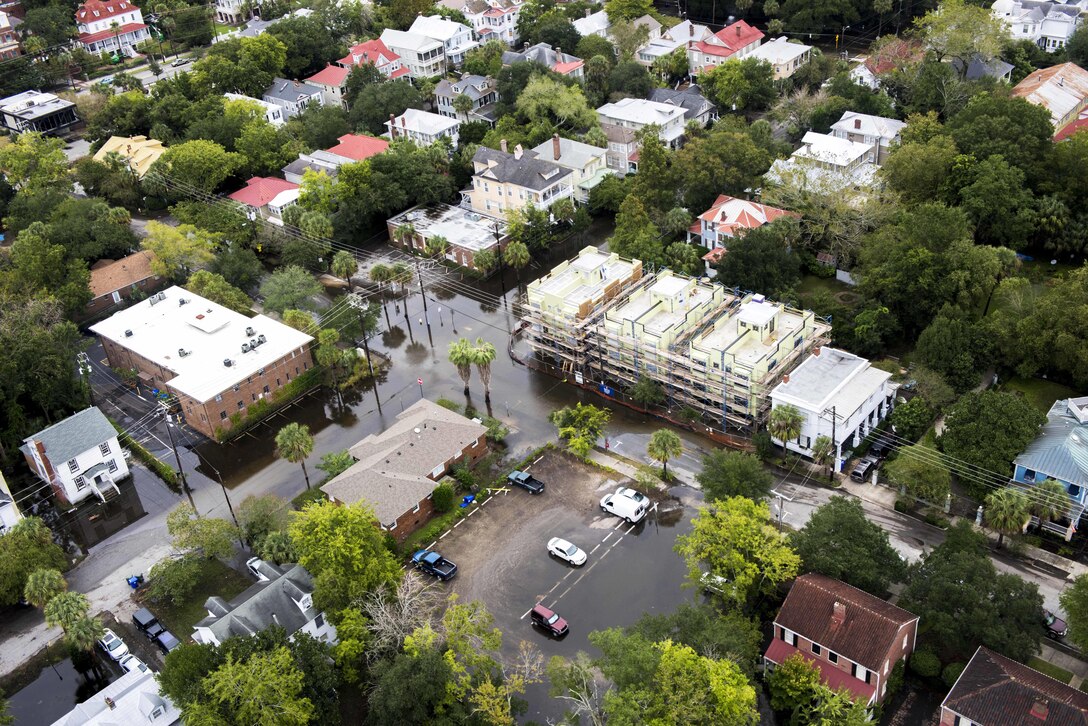 An aerial view taken from a Coast Guard helicopter showing the continuing effects of flooding caused by Hurricane Joaquin in areas surrounding Charleston, S.C., Oct. 5, 2015. U.S. Coast Guard photo by Petty Officer 1st Class Stephen Lehmann