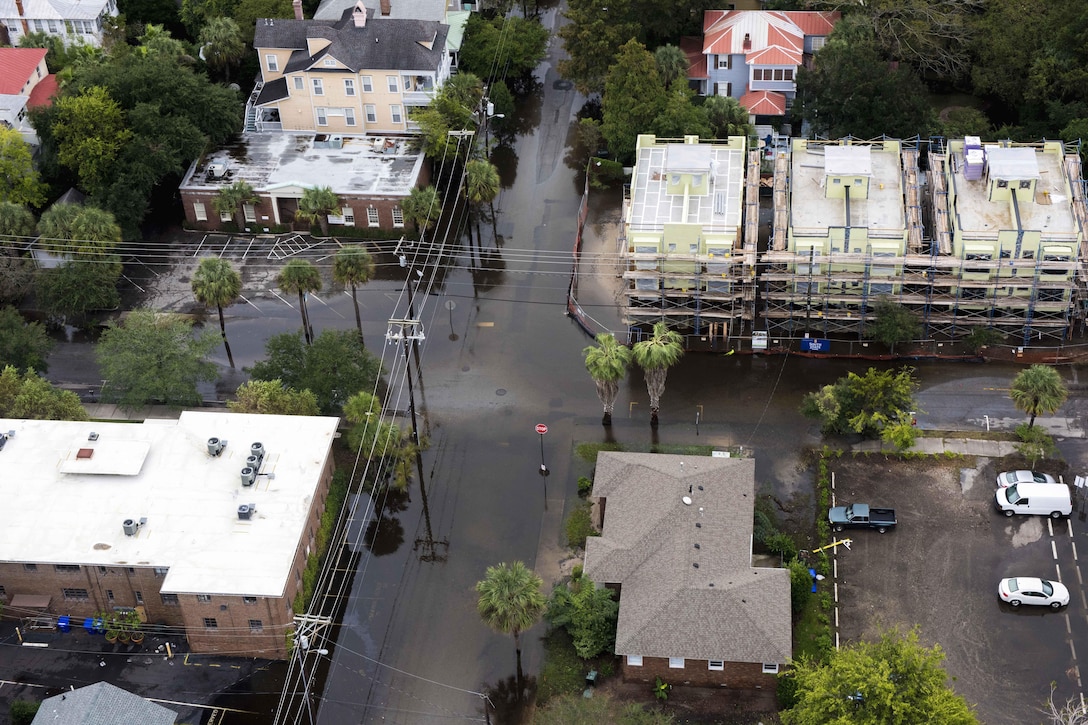 An aerial view taken from a Coast Guard helicopter showing the continuing effects of flooding caused by Hurricane Joaquin in areas surrounding Charleston, S.C., Oct. 5, 2015. U.S. Coast Guard photo by Petty Officer 1st Class Stephen Lehmann