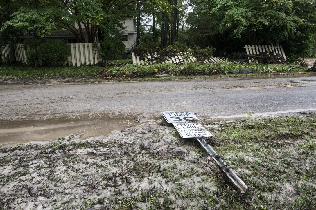 Damage from recent flooding is evident in the Forest Acres community of Columbia, S.C., Oct. 5, 2015. South Carolina National Guard photo by Air Force Tech. Sgt. Jorge Intriago