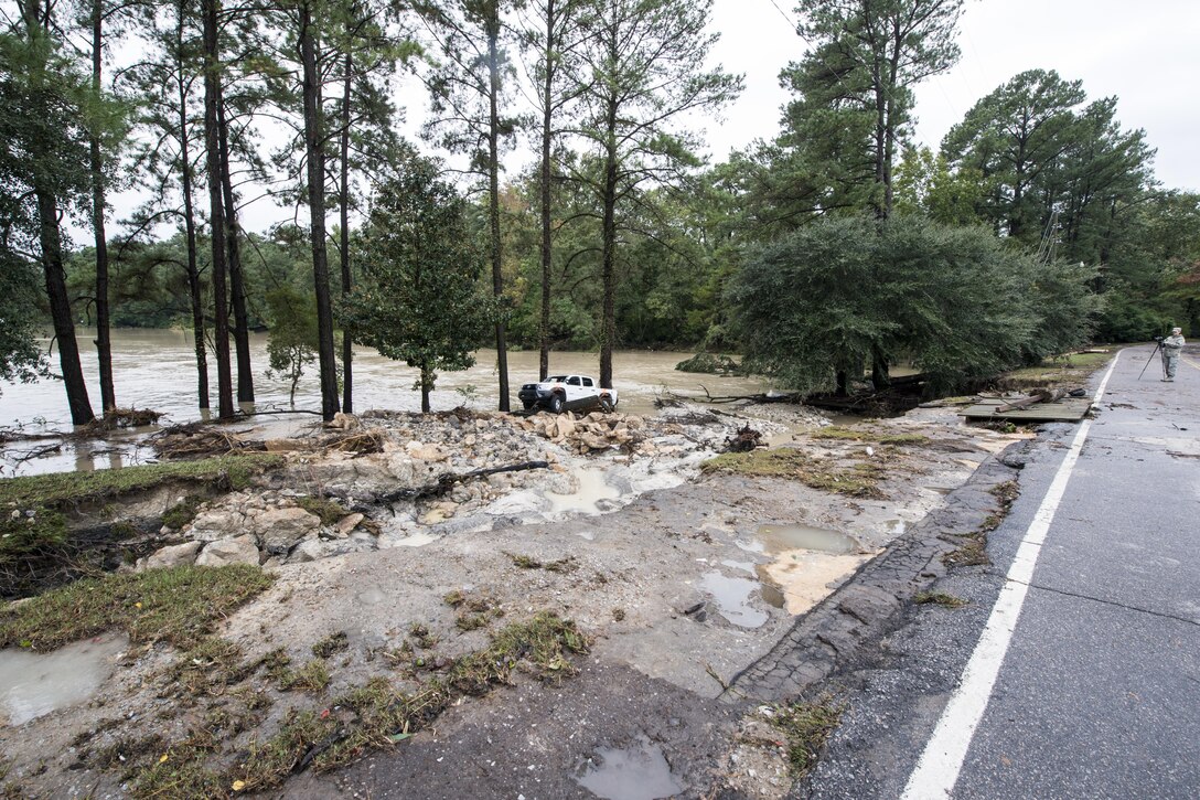 Damage from recent flooding is evident in the Forest Acres community of Columbia, S.C., Oct. 5, 2015. South Carolina National Guard photo by Air Force Tech. Sgt. Jorge Intriago