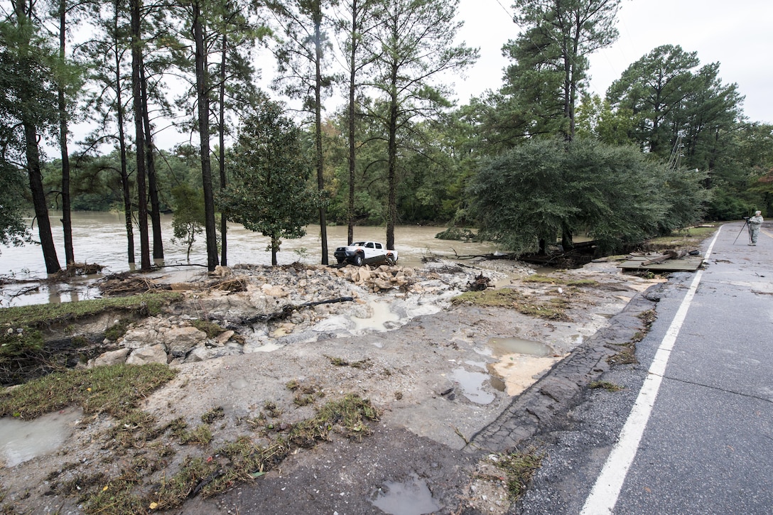 Damage from recent flooding is evident in the Forest Acres community of Columbia, S.C., Oct. 5, 2015. South Carolina National Guard photo by Air Force Tech. Sgt. Jorge Intriago