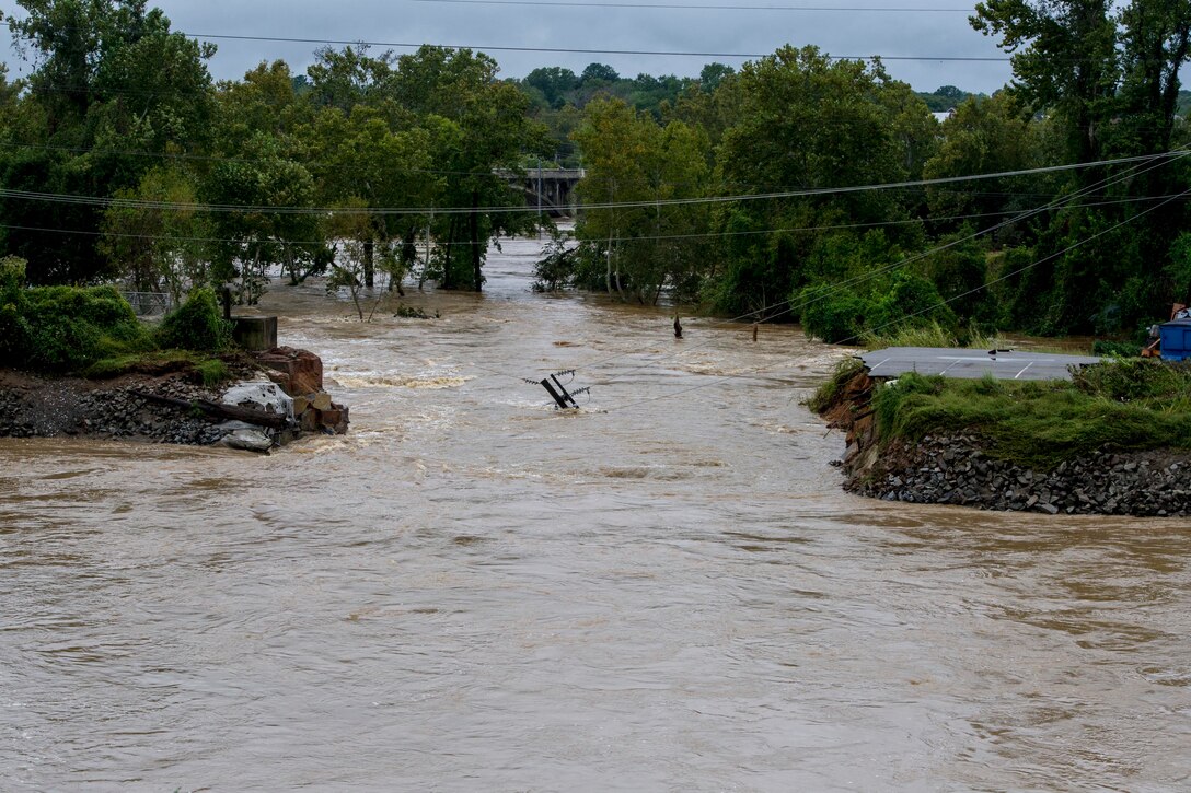 A levee breach is visible at the Columbia Riverfront Canal in Columbia, S.C., Oct. 5, 2015. South Carolina National Guard photo by Air Force Tech. Sgt. Jorge Intriago
