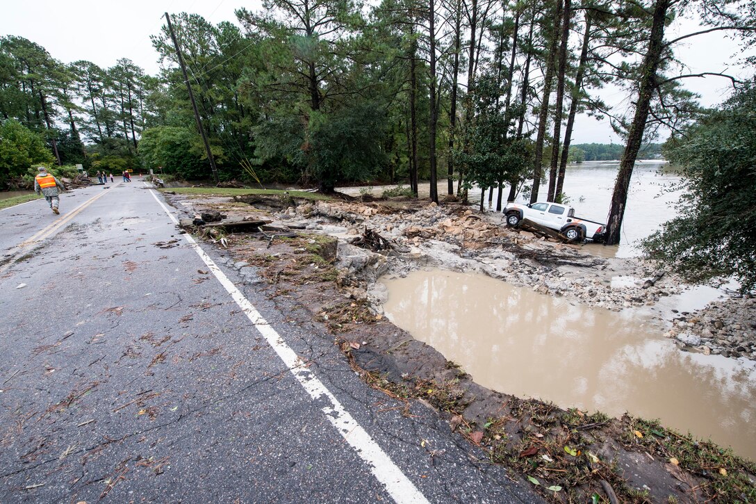 Damage from recent flooding is evident in the Forest Acres community of Columbia, S.C., Oct. 5, 2015. The South Carolina National Guard has been activated to support state and county emergency management agencies and local first responders as historic flooding impacts counties statewide. South Carolina National Guard photo by Air Force Tech. Sgt. Jorge Intriago
