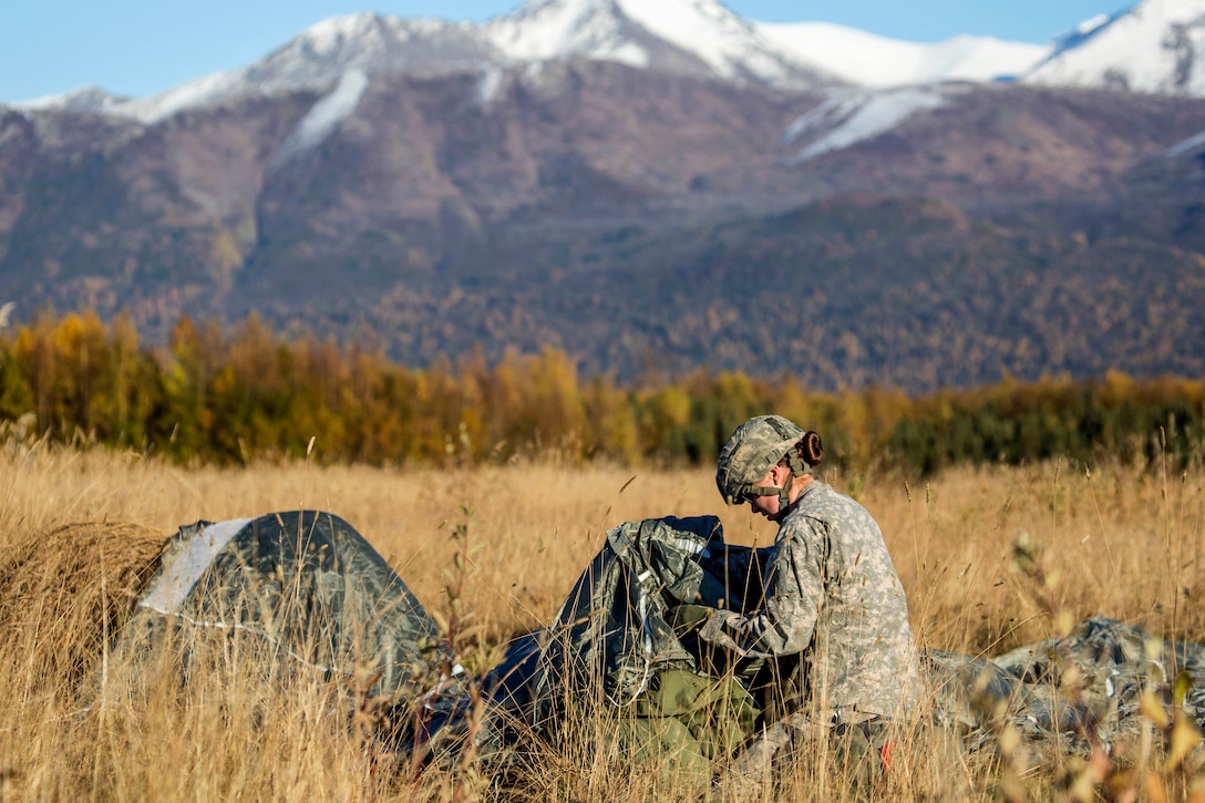 Army Spc. Courtney Peterson recovers her parachute after conducting a helicopter jump on Malemute drop zone, Joint Base Elmendorf-Richardson, Alaska, Sept. 24, 2015. Peterson is assigned to 1st Squadron, Airborne, 40th Cavalry Regiment. U.S. Air Force photo by Alejandro Pena