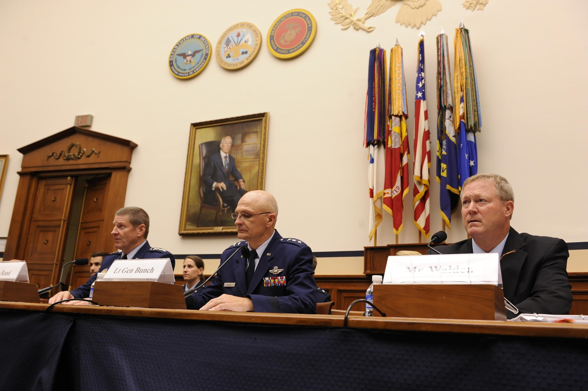 Gen. Robin Rand, the Air Force Global Strike Command commander; Lt. Gen. Arnie Bunch, the military deputy assistant secretary of the Air Force for acquisition; and Randall Walden, the Air Force Rapid Capabilities Office director, testify during a hearing in Washington, D.C., Sept. 29, 2015. They are experts in Air Force long range strike capabilities. (U.S. Air Force photo/Staff Sgt. Whitney Stanfield)