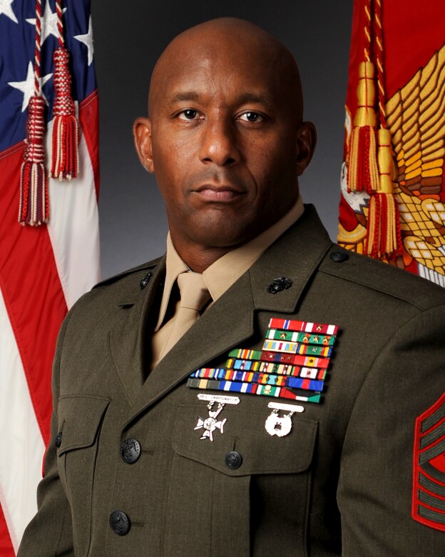 Sergeant Major Saunders assumed the task of Sergeant Major of Marine Corps Base Quantico in July of 2015. Image without frame adornment.