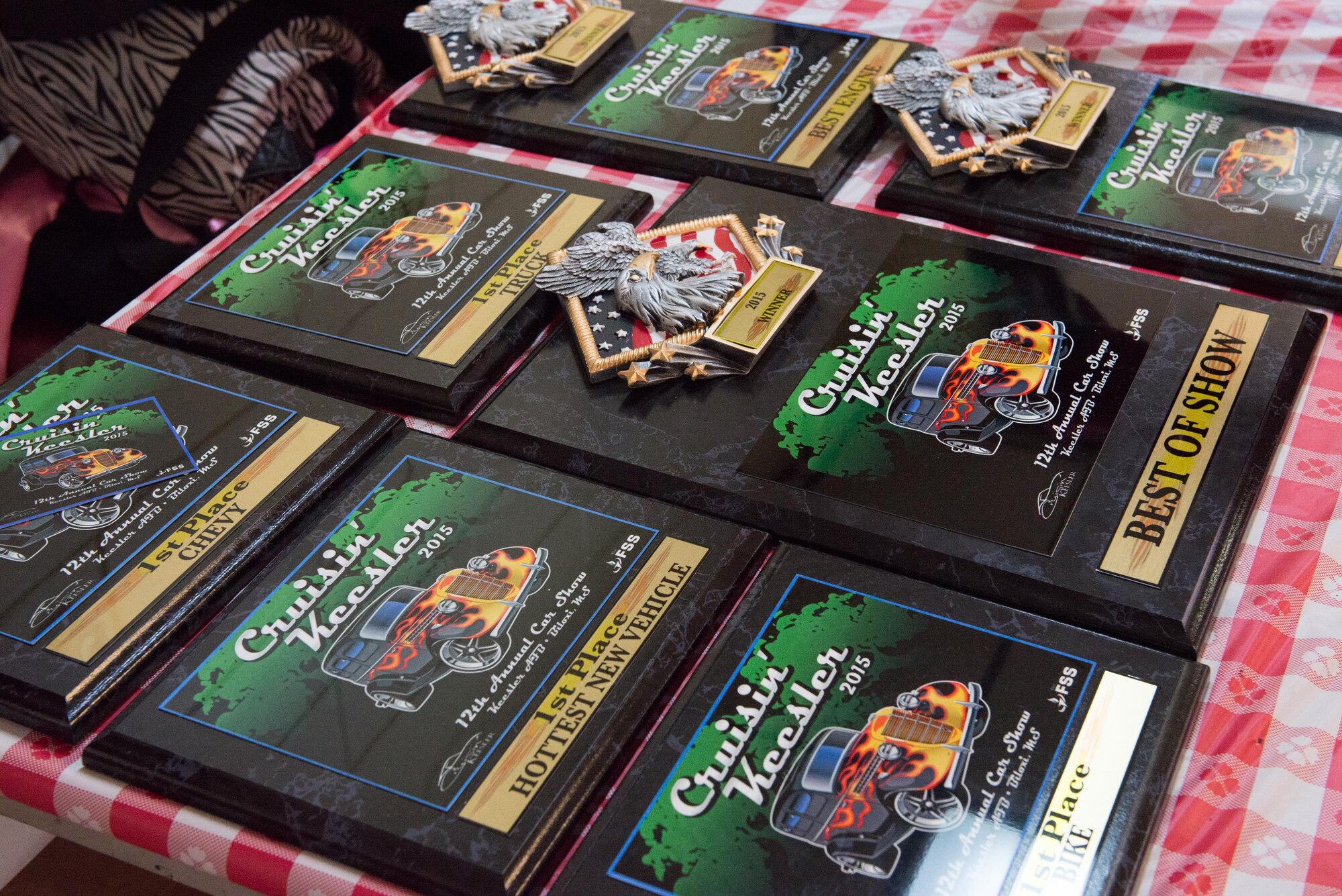 Award plaques sit on display at the marina park during the Cruisin’ Keesler 12th Annual Car Show Oct. 3, 2015, Keesler Air Force Base, Miss. There were over 115 classic car, truck, bike, and hot rod entries and over 40 awards presented. (U.S. Air Force photo by Marie Floyd)