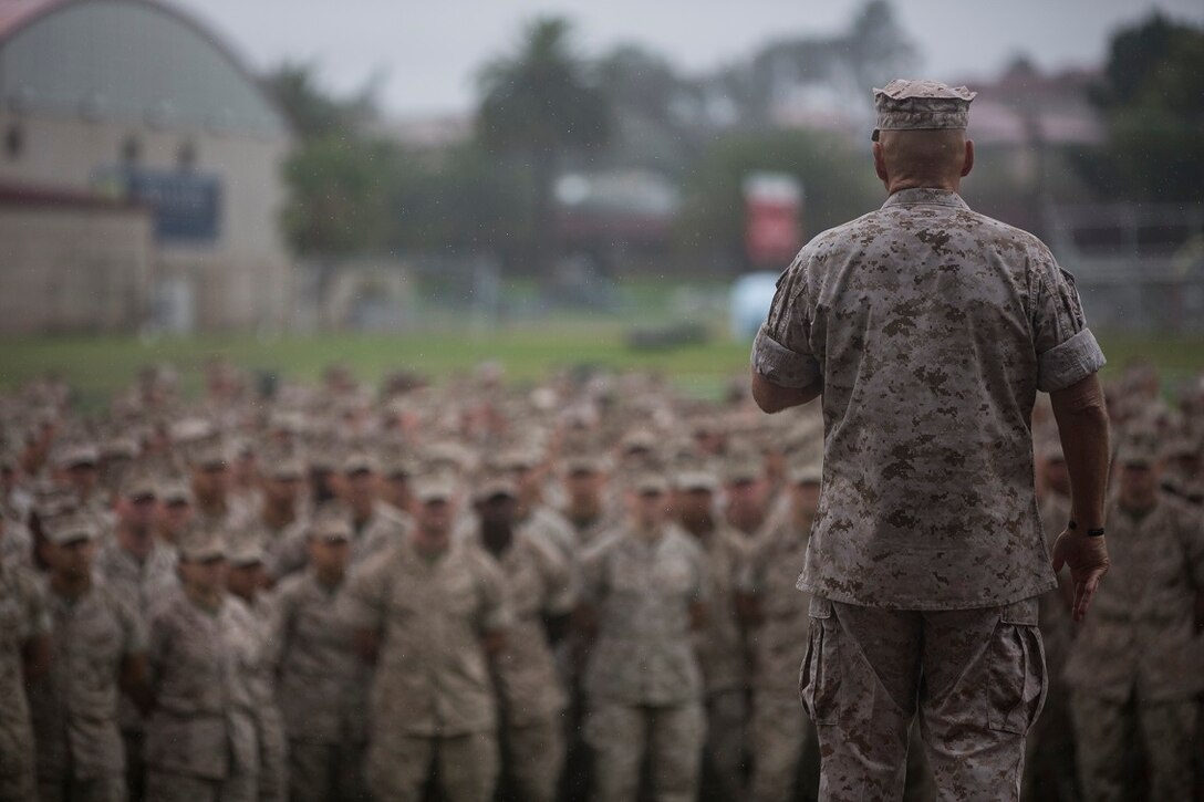 Commandant of the Marine Corps, Gen. Robert B. Neller, speaks with Marines from I Marine Expeditionary Force during a visit to Marine Corps Base Camp Pendleton, Calif. Oct. 5, 2015.  Neller addressed training, readiness, Naval integration, modernization, and technology.  (U.S. Marine Corps photo by Lance Cpl. Adrianna R. Lincoln, 1st Marine Division Combat Camera/Released)