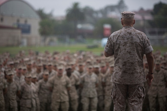 Commandant of the Marine Corps, Gen. Robert B. Neller, speaks with Marines from I Marine Expeditionary Force during a visit to Marine Corps Base Camp Pendleton, Calif. Oct. 5, 2015.  Neller addressed training, readiness, Naval integration, modernization, and technology.  (U.S. Marine Corps photo by Lance Cpl. Adrianna R. Lincoln, 1st Marine Division Combat Camera/Released)