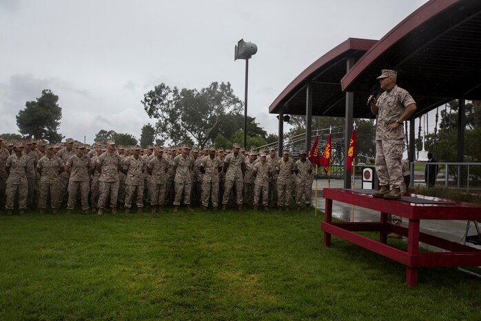 Commandant of the Marine Corps, Gen. Robert B. Neller, speaks with Marines from I Marine Expeditionary Force during a visit to Marine Corps Base Camp Pendleton, Calif. Oct. 5, 2015.  Neller addressed training, readiness, Naval integration, modernization, and technology.  (U.S. Marine Corps photo by Lance Cpl. Adrianna R. Lincoln, 1st Marine Division Combat Camera/Released)