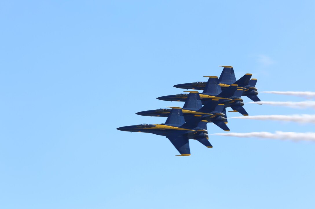 The U.S. Navy Blue Angels perform at the 2015 MCAS Miramar Air Show aboard Marine Corps Air Station Miramar, Calif., Oct. 2. The Blue Angels show audiences around the world the capabilities of the armed forces’ aircraft. (U.S. Marine Corps photo by Cpl. Alissa P. Schuning/Released)