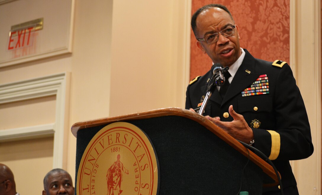 Maj. Gen. A.C. Roper addresses the Booker T. Washington Centennial Awards Leadership Banquet at Tuskegee University, Tuskegee, Ala., Sept. 24, 2015. The topic of Roper’s speech was “Applying the Principles of Public Service to Leadership in Business and Community.” The Banquet marked the culmination of the Booker T. Washington Economic Development Summit.