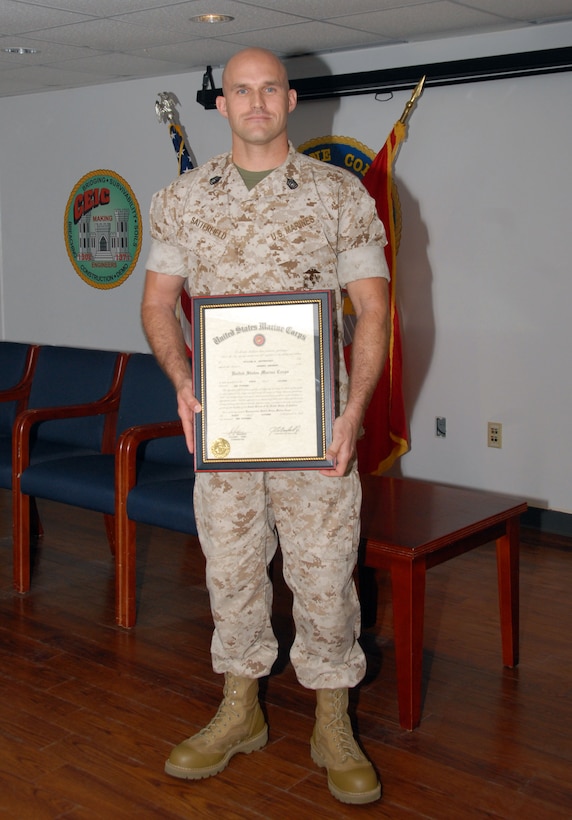 On October 1, 2015 Combat Engineer Instruction Company instructor William E. Satterfield is promoted to the rank of Gunnery Sergeant aboard Marine Corps Engineer School, Camp Lejeune, North Carolina. 