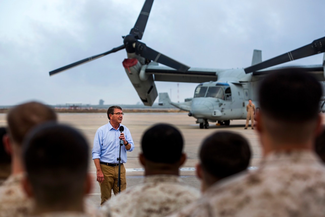 U.S. Defense Secretary Ash Carter speaks to U.S. service members on Morón Air Base, Spain, Oct. 6, 2015. U.S. Marine Corps photo by Staff Sgt. Vitaliy Rusavskiy